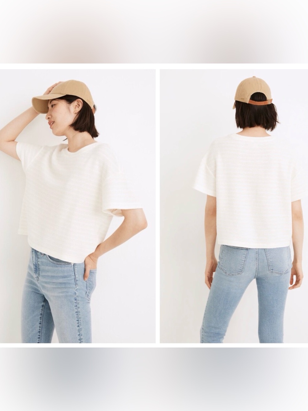 Madewell Textured Stripe Short Sleeve Off-White Cream Cropped Top Size XL
